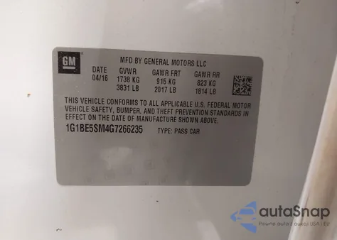 2016 Chevrolet Cruze Lt Auto из США, поврежденный, VIN 1G1BE5SM4G7266235